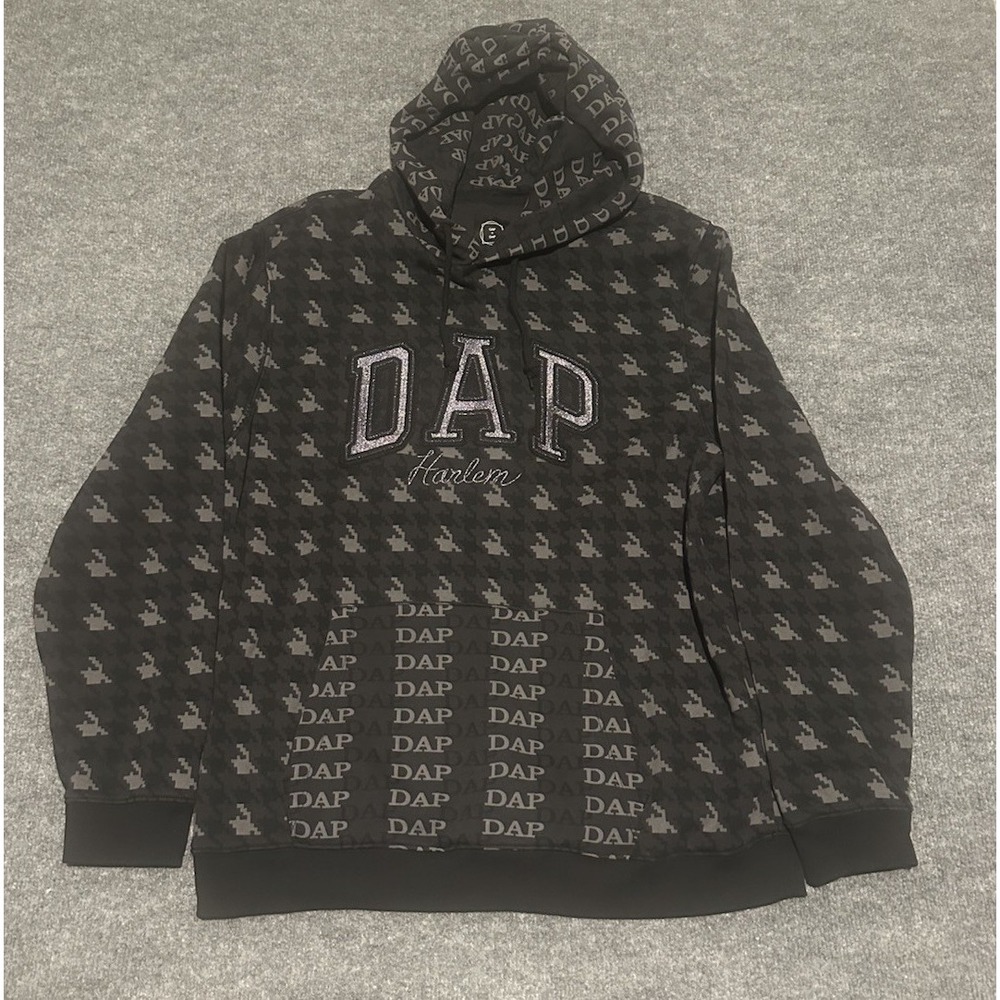 GAP x DAP Hoodie Mens L Houndstooth Gray DAP Harlem Pullover Logo Applique
